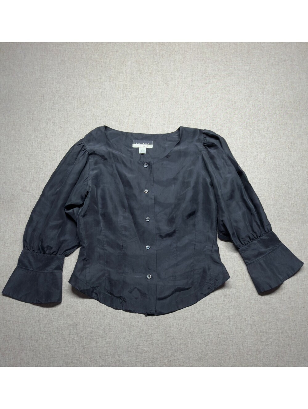 New York Studio Womens S 100% Silk Black Blouse Puff Sleeve Button Front Y2K